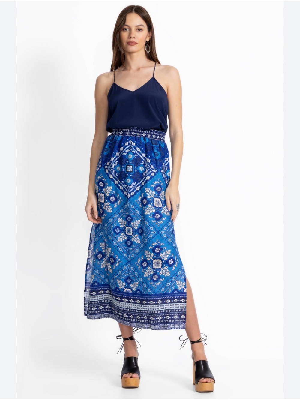 Johnny Was Linen High Slit Floral Skirt